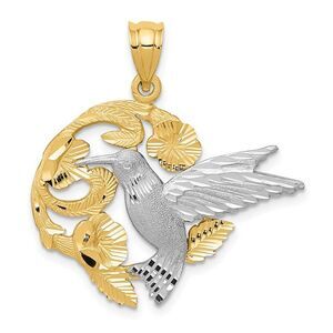14k Yellow and White Gold 28mm Hummingbird and Flower Pendant